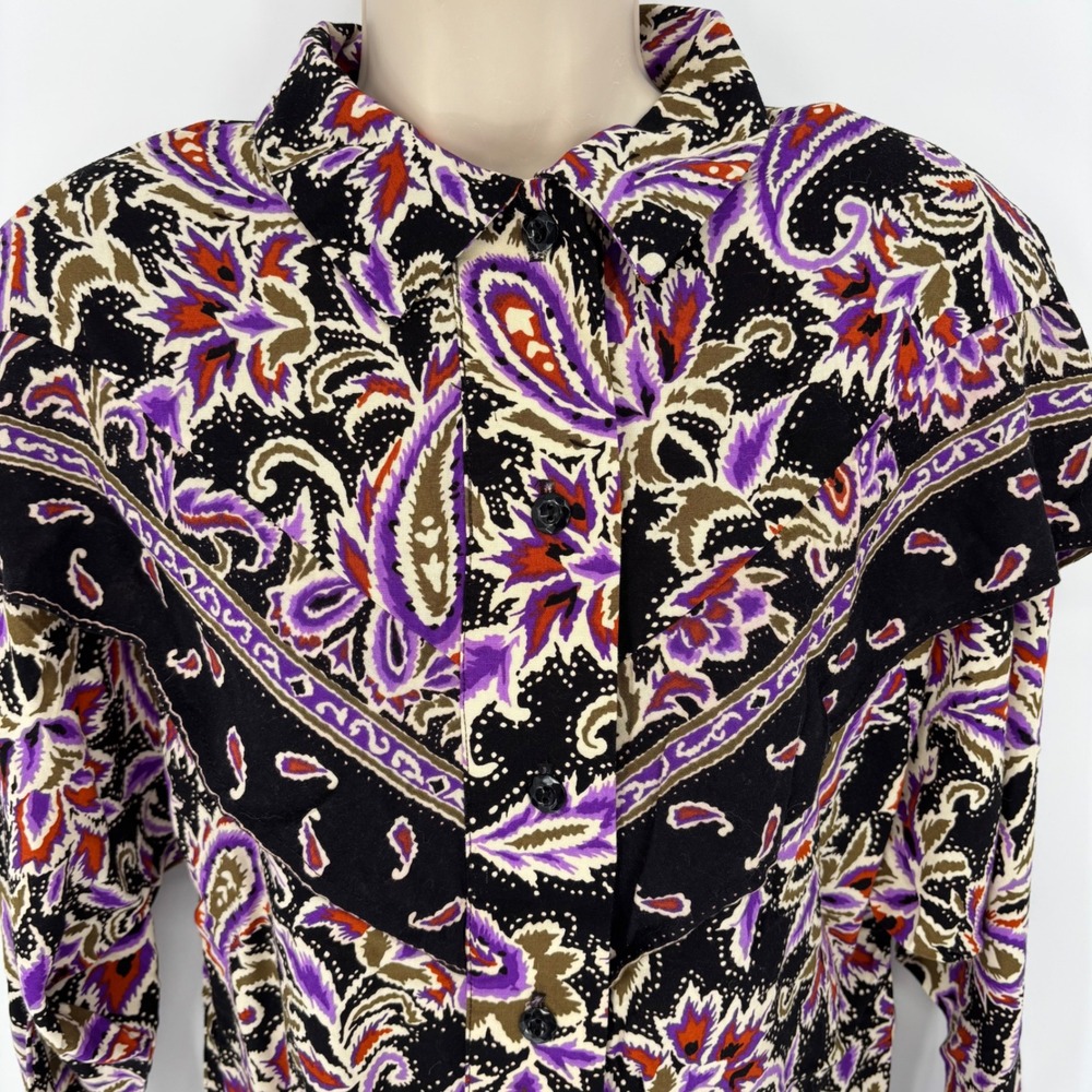 Vintage Eva Paisley Western Yoke Button Down Shirt Purple Black Rayon USA 9/10